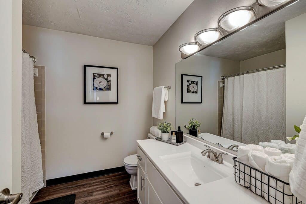 Modern bathroom with white vanity, large mirror, overhead lights, shower with curtain, toilet, towel rack, framed flower artwork, and wood-look flooring.