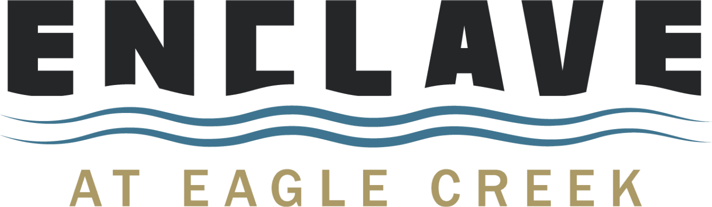 Logo for "Enclave at Eagle Creek" with bold black text, three wavy blue lines underneath, and gold text below the lines.