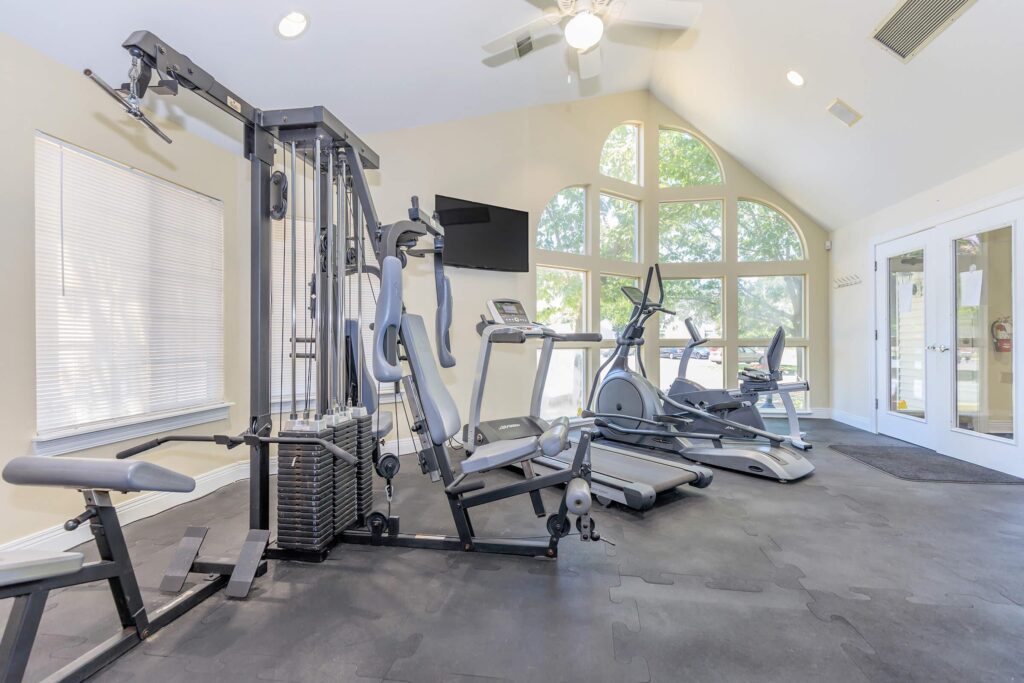 A bright gym room with various exercise machines, including a multi-gym, treadmills, and ellipticals, set on black floor mats near large arched windows.
