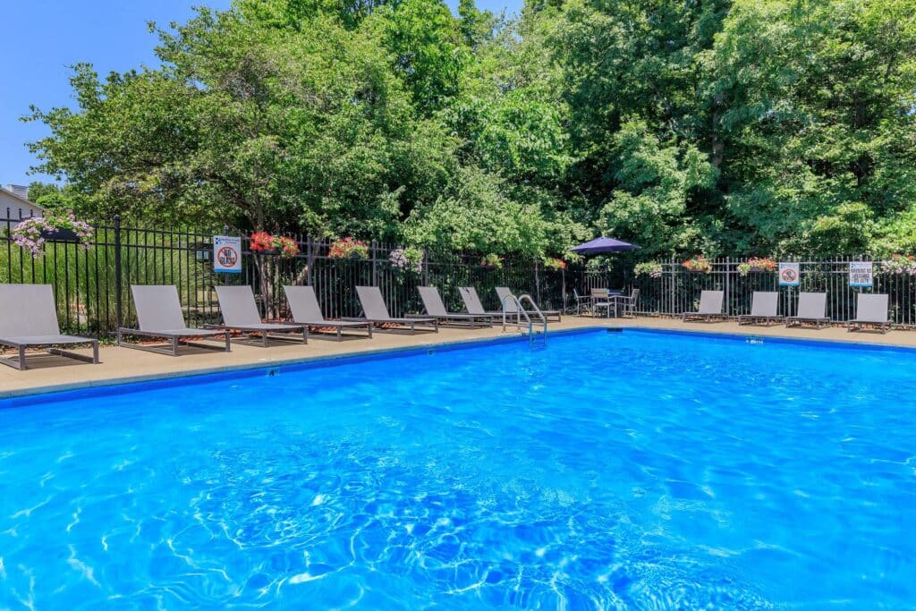 Outdoor swimming pool with clear blue water, surrounded by lounge chairs and greenery on a sunny day.