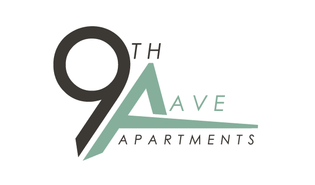 Logo for 9th Ave Apartments featuring a large stylized number 9 with the words “TH AVE APARTMENTS” arranged around geometric shapes.