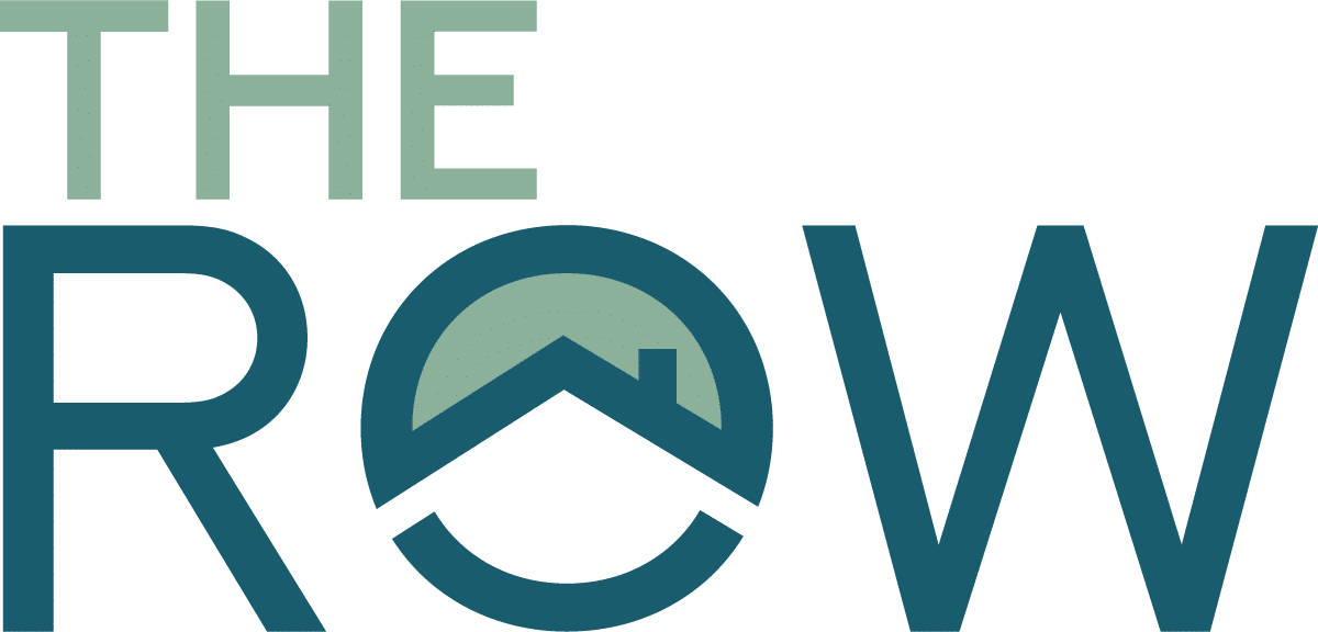 Logo with the words "THE ROW" in two colors; the "O" in "ROW" contains a stylized house roof and chimney icon inside the letter.