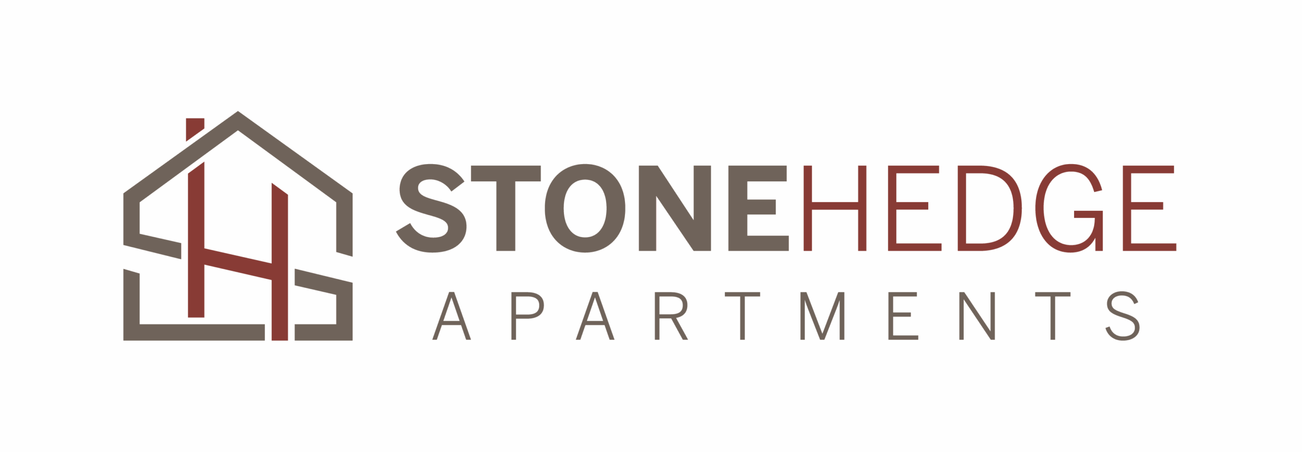 Gray logo for Stonehedge Apartments with a minimalist house icon on the left and the words "STONEHEDGE APARTMENTS" in uppercase on the right, against a red background.