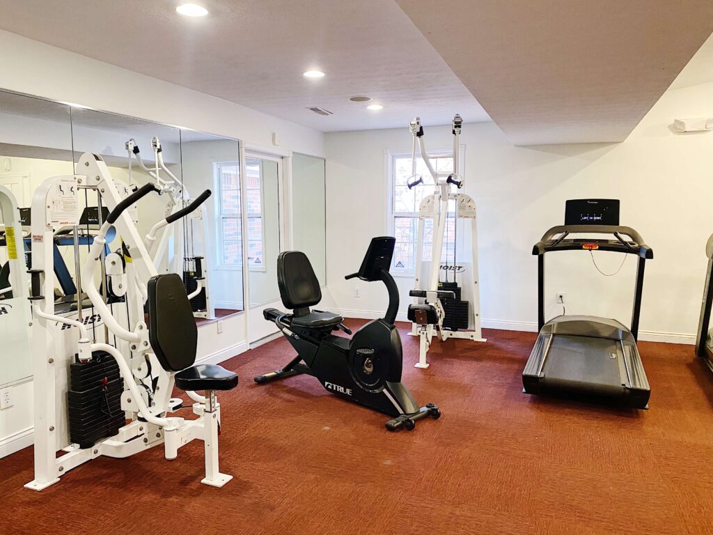 Small gym room with a multi-function weight machine, recumbent exercise bike, cable machine, treadmill, large mirror, and windows on one wall. Brown carpeted floor.