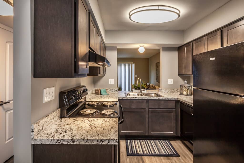 Modern kitchen at Wyckford Commons Apartments featuring dark wood cabinets, granite countertops, black appliances, an electric stove, sink, and overhead lighting; a striped rug adds style to the floor.