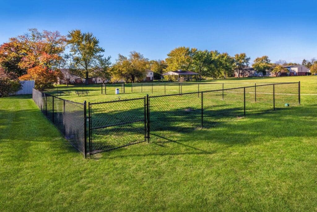 A fenced-in dog park area with green grass, surrounded by trees and houses in the background under a clear blue sky.