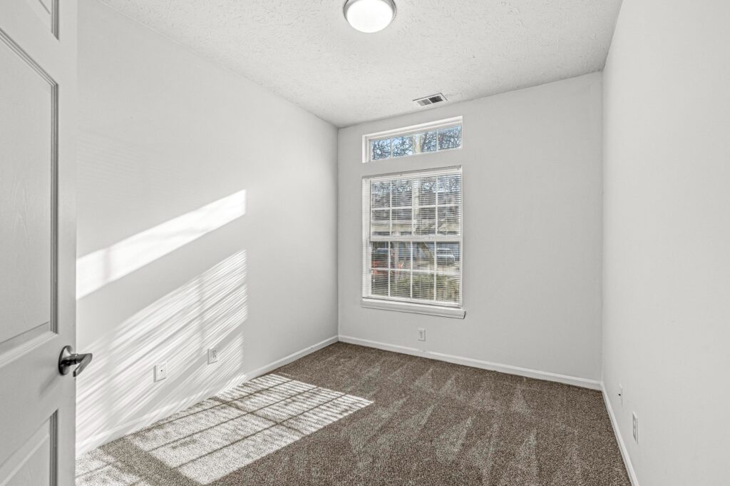Empty room with white walls, a closed door, beige carpet, and a large window letting in natural light; ceiling light fixture visible.