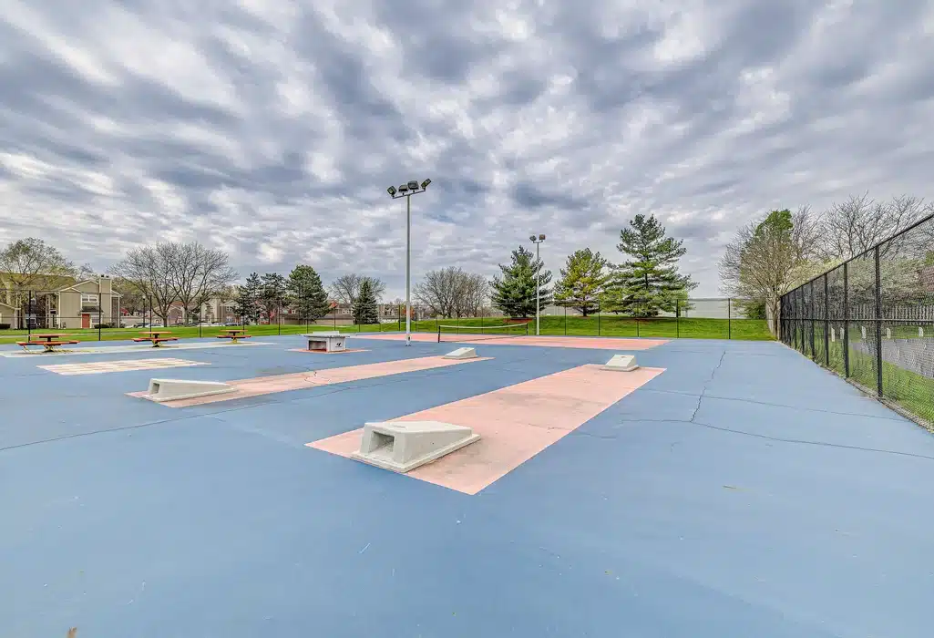 Outdoor skatepark with blue and pink ramps and obstacles, surrounded by trees, benches, and a fence under a cloudy sky.