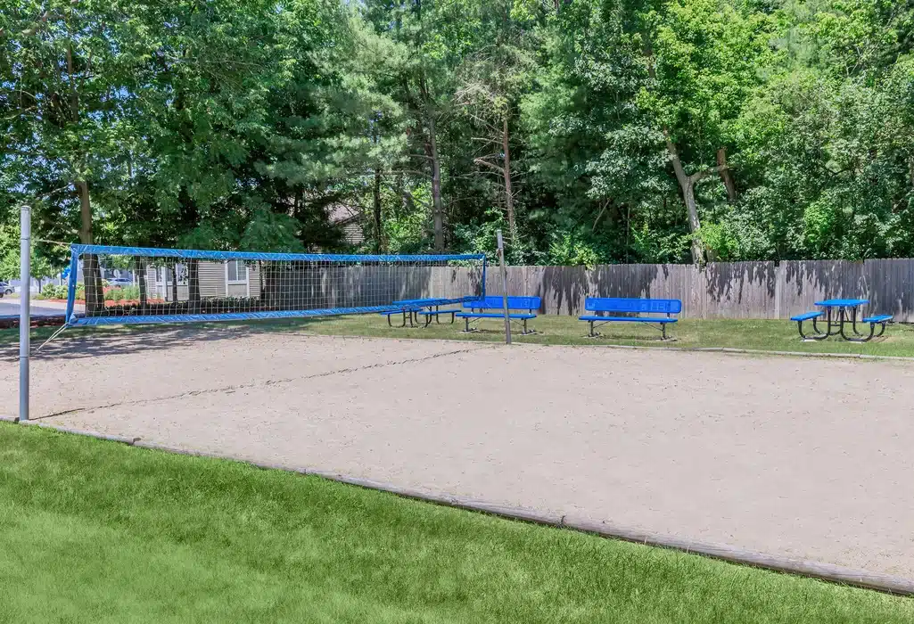 A sand volleyball court with a net, surrounded by green grass, blue benches, and picnic tables, with trees and a wooden fence in the background.