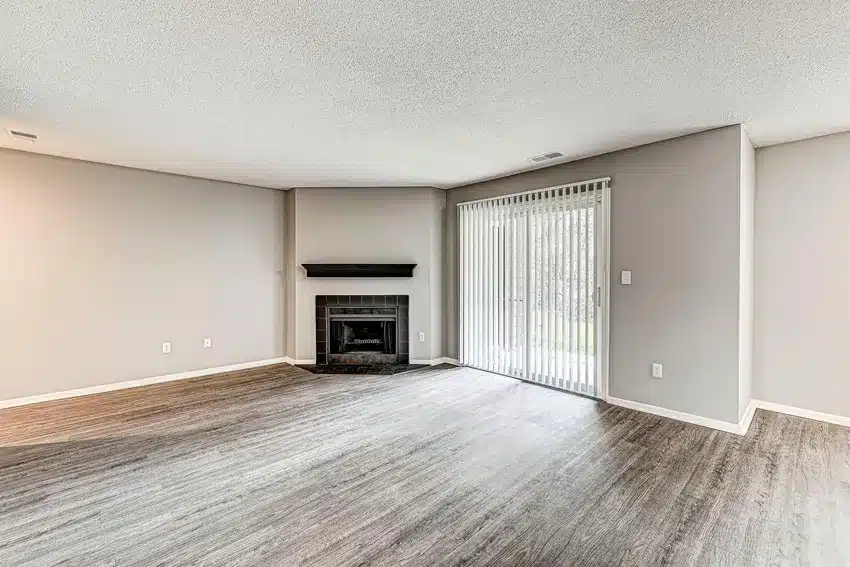 Empty living room with gray walls, wood-style flooring, a black fireplace, and sliding glass doors with vertical blinds letting in natural light.
