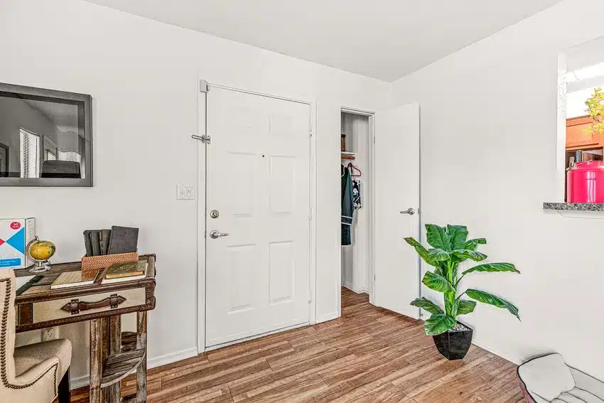 A small entryway with a closed white door, an open closet, a potted plant, a wooden desk with books, and a chair on a wooden floor.