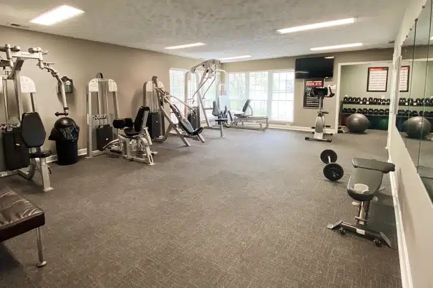 A gym with various exercise machines, free weights, stability balls, benches, and large windows letting in natural light.
