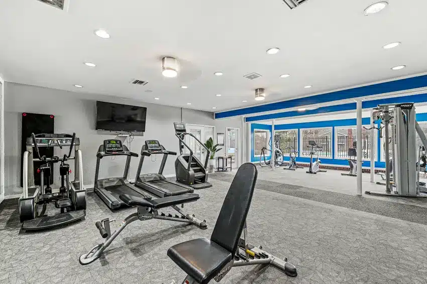 Modern indoor gym with treadmills, exercise bikes, weight machines, benches, large windows, and a wall-mounted TV.