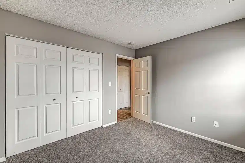 Empty bedroom with gray carpet, light gray walls, two white double-door closets, and a partially open beige door leading to a hallway with wood flooring.