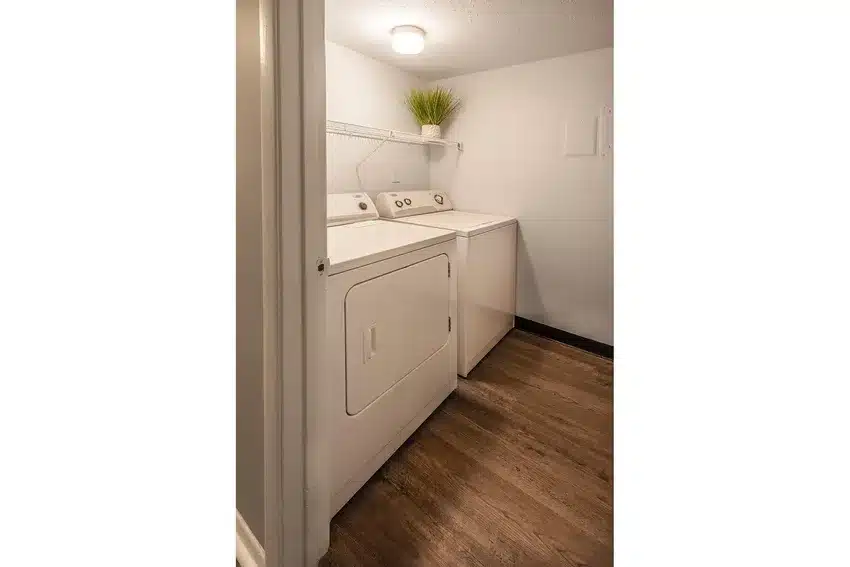 A laundry room with a washer and dryer side by side, a shelf above holding a potted plant, and wood-style flooring.