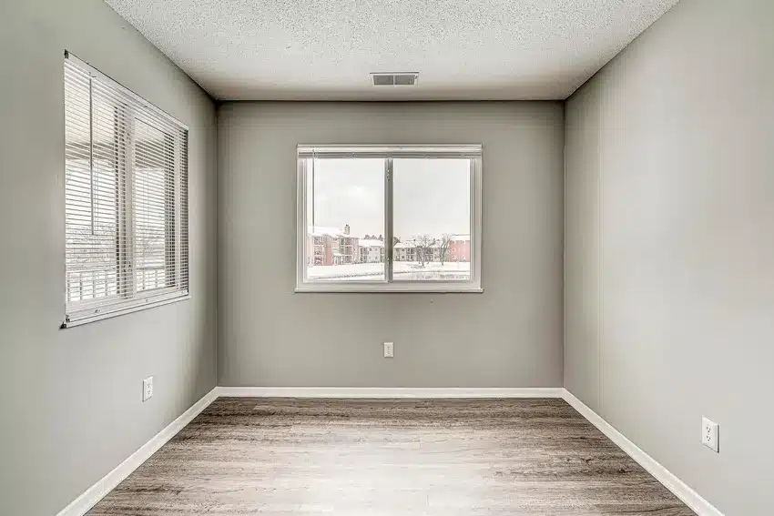 Empty room with two windows, light gray walls, and wood-style flooring; view of buildings and snow outside the windows.