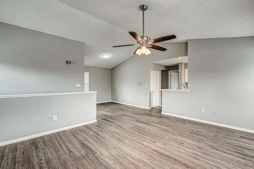Open living space with gray walls, wood-style flooring, ceiling fan with lights, partial divider wall, and view into a kitchen area.