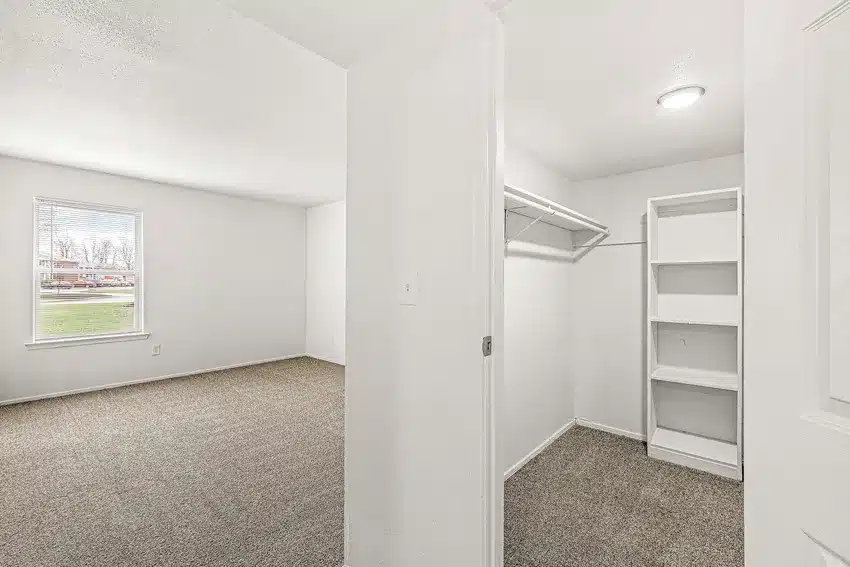 A bright, empty bedroom with carpet flooring and a window, next to a walk-in closet with shelves and hanging rod.