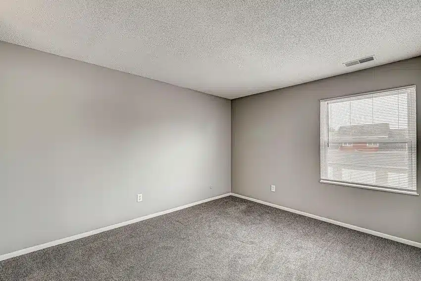 Empty room with light gray walls, a single window with blinds, and gray carpet flooring. Natural light enters through the window.