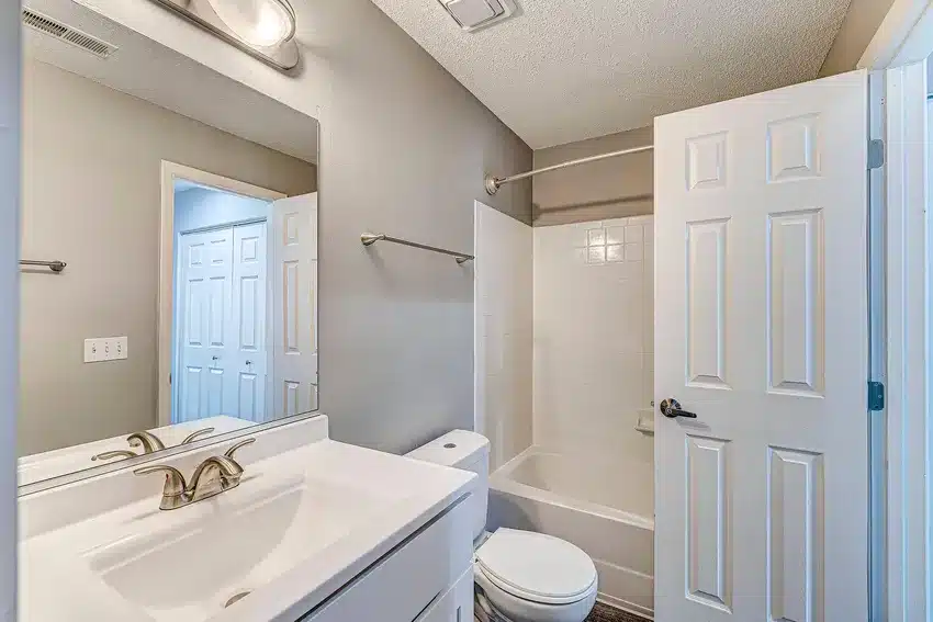 Small bathroom with a white vanity and sink, toilet, bathtub with shower, towel bar, and a partially open door, featuring neutral wall colors and a large wall mirror.