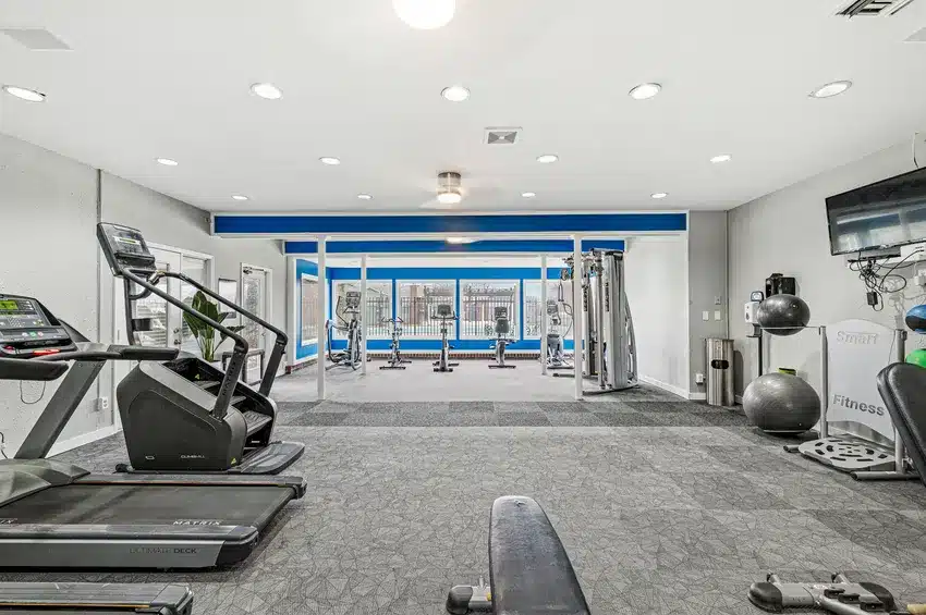Modern gym with treadmills, weight machines, exercise balls, wall-mounted TV, and large windows allowing natural light.