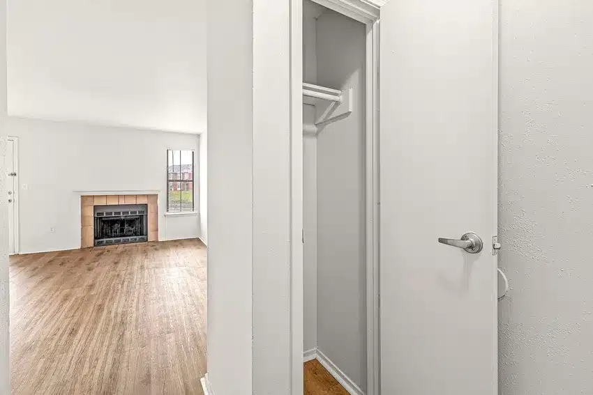 A small empty closet with an open door is next to a living room with wood flooring, a fireplace, and a window letting in natural light.