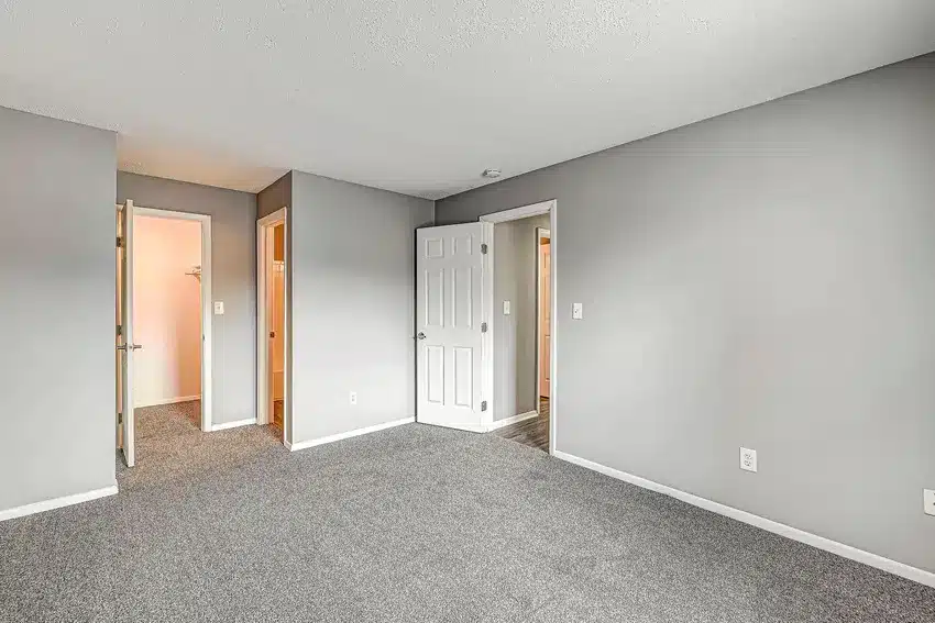 Empty room with gray carpet, light gray walls, white trim, and three doorways leading to other rooms, two with open doors and one with a closed white door.