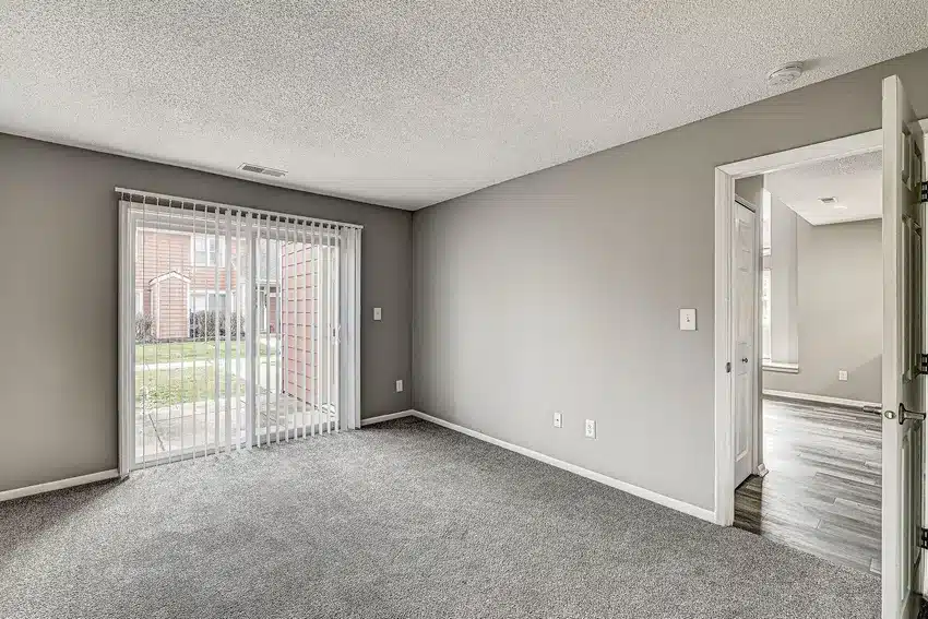 Empty room with gray carpet, light gray walls, and a sliding glass door with vertical blinds leading outside; adjoining room visible through open door.