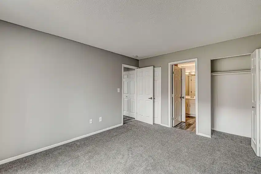 Empty bedroom with gray carpet and light gray walls, open doorways to a bathroom, a closet, and a hallway visible.