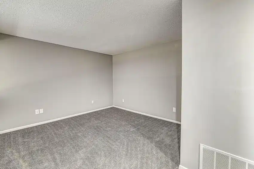 Empty room with light gray carpet, light gray walls, white baseboards, and a vent cover visible in the foreground.
