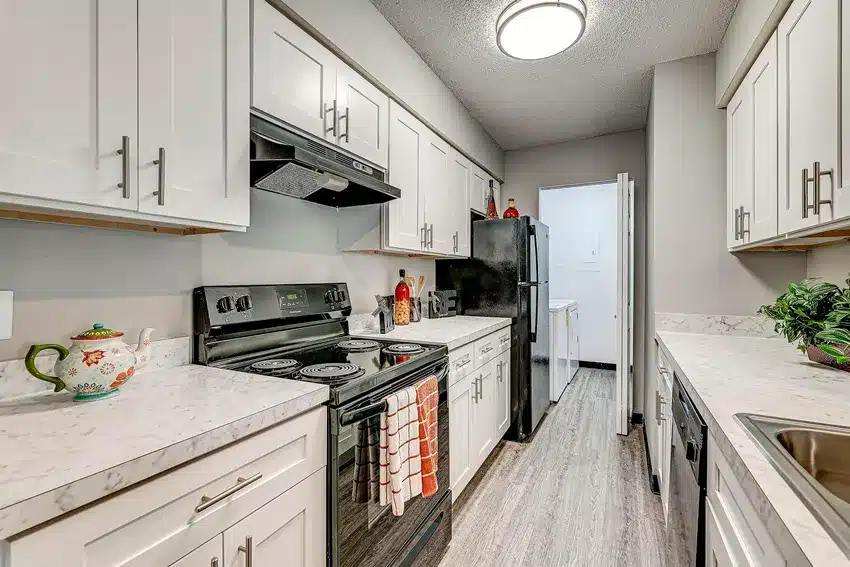 Modern galley kitchen with white cabinets, black appliances, marble countertops, and wood-look flooring. A teapot and potted plant are visible on the counters.
