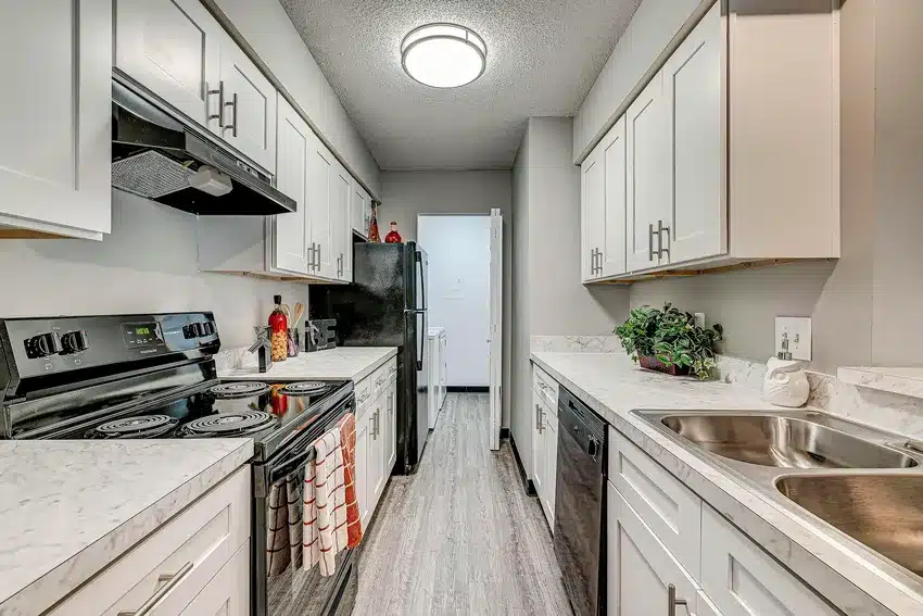 Narrow galley kitchen with white cabinets, marble countertops, stainless steel appliances, electric stove, and a double sink. A potted plant sits on the counter.
