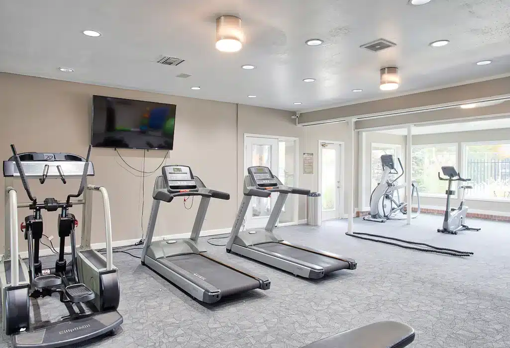 A gym room with two treadmills, an elliptical machine, a stationary bike, a wall-mounted TV, and large windows letting in natural light.