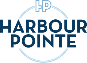 Logo for Harbour Pointe featuring the initials "HP" above the name, with both elements enclosed in a partial light blue circular outline.