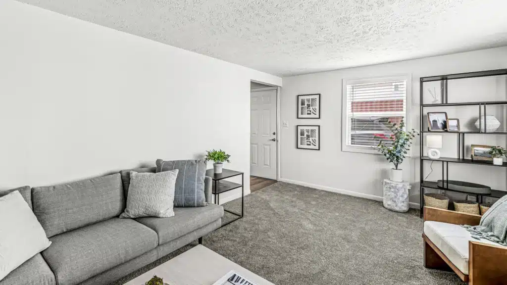 A modern living room with a gray sofa, side table, shelving unit, decorative plants, framed wall art, and a window with blinds letting in natural light.