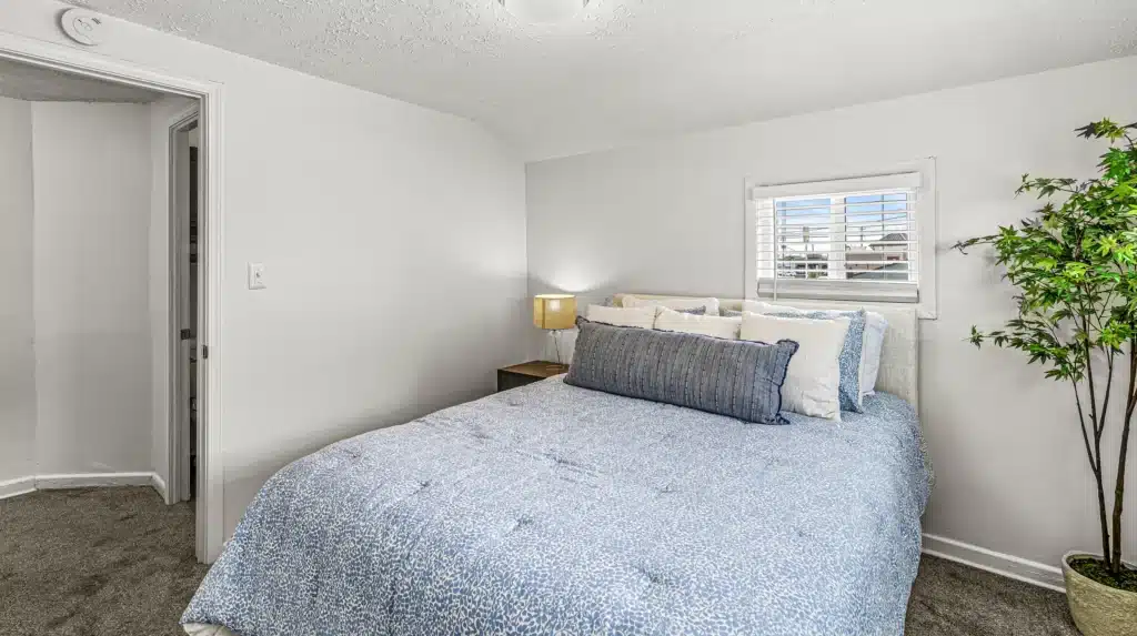 Small bedroom with a neatly made bed, blue patterned bedding, side table with a lamp, small window with blinds, and a potted plant in the corner.