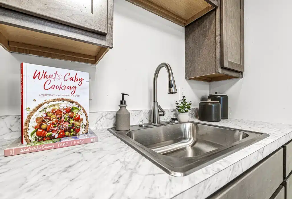 A kitchen countertop with a sink, soap dispenser, potted plant, two canisters, and a cookbook titled "What's Gaby Cooking" displayed upright.