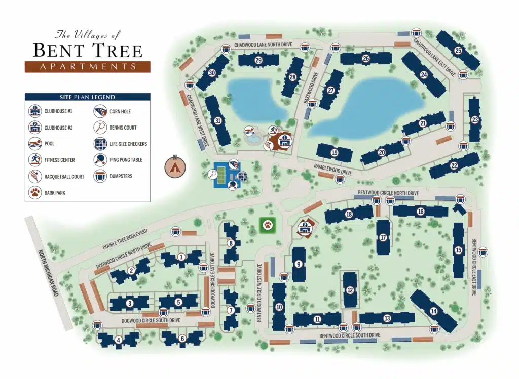 Illustrated site map of The Villages of Bent Tree Apartments showing building layouts, roads, parking, amenities, and labeled locations such as pools, parks, and sports courts.