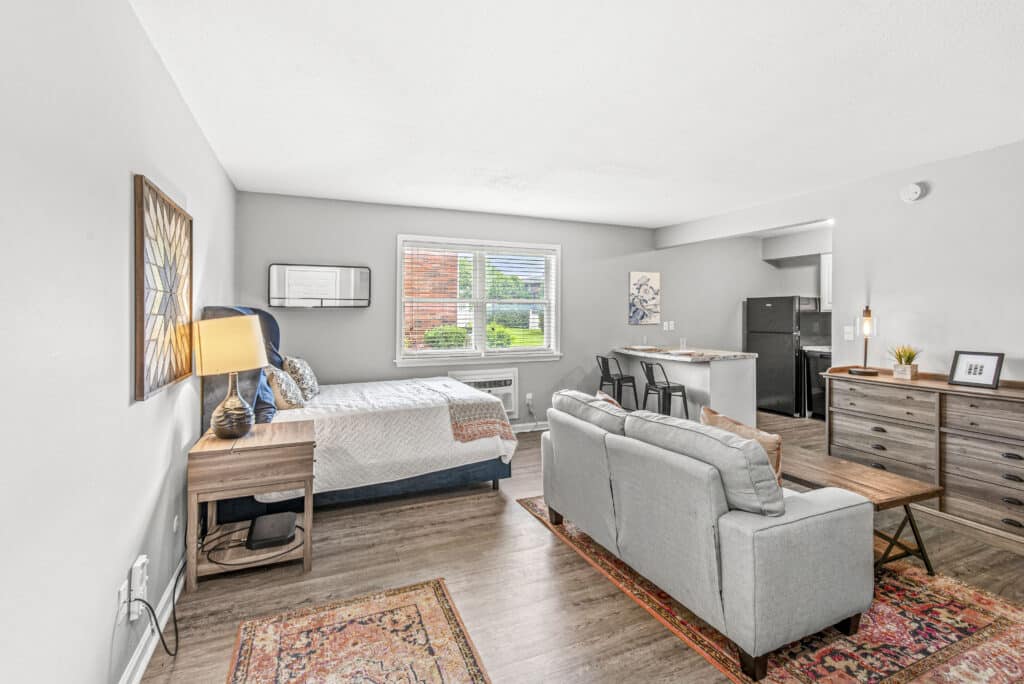 A modern studio apartment with a bed, sofa, wooden dresser, and kitchen area. The room has gray walls, wood flooring, and a large window letting in natural light.