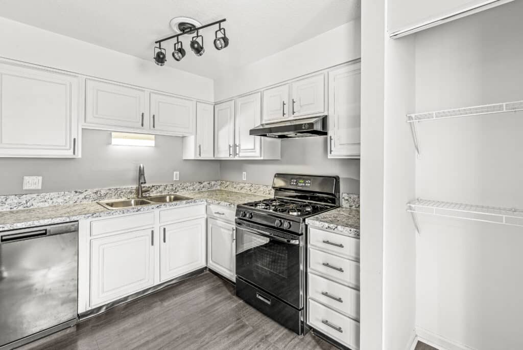 Modern kitchen with white cabinets, granite countertops, stainless steel sink and dishwasher, black gas stove, range hood, and empty pantry shelving on the right.