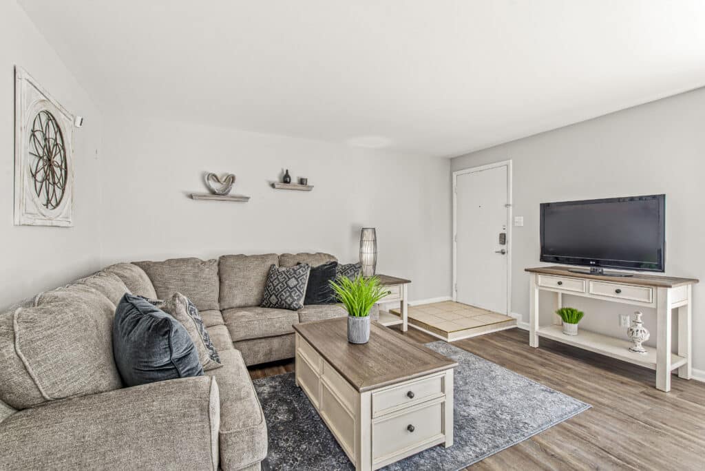 A modern living room with a gray sectional sofa, a coffee table, a TV on a console, wall shelves with decor, and a potted plant on a blue rug over wood flooring.