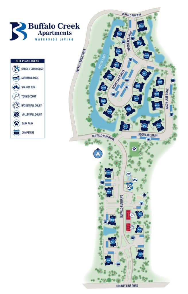 Map of Buffalo Creek Apartments showing buildings, amenities like pool and sports courts, parking areas, main roads, and a creek running through the property. Legend included on the left.