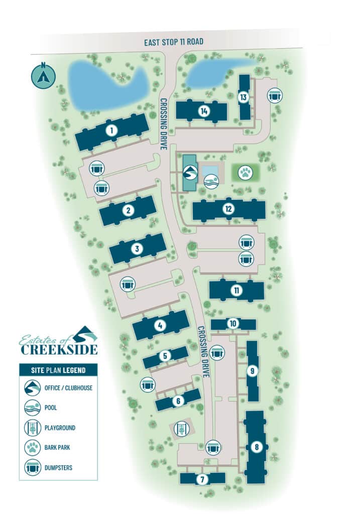 Site map of Estates at Creekside showing 15 residential buildings, labeled amenities including office, pool, playground, dog park, and dumpsters, with roads and a pond on the north side.