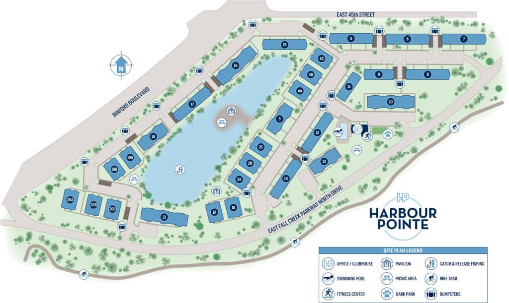 Site map of Harbour Pointe apartments showing buildings, a central lake, amenities including gym, pool, dog park, bike trail, car care area, and pavilions, with labeled streets and pathways.