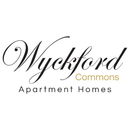 Logo for Wyckford Commons Apartment Homes, an Apartment Community in Indianapolis, featuring the name in cursive and bold fonts, with "Commons" in gold and the rest in black on a white background.