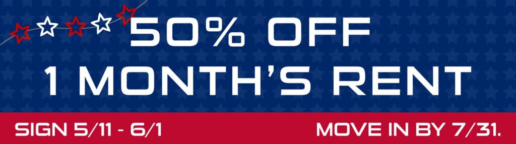 Banner with blue star background reads "50% OFF 1 MONTH'S RENT" for Indianapolis Rental; below in red, "SIGN 5/11 - 6/1" and "MOVE IN BY 7/31." Red, white, and blue stars decorate the top left.